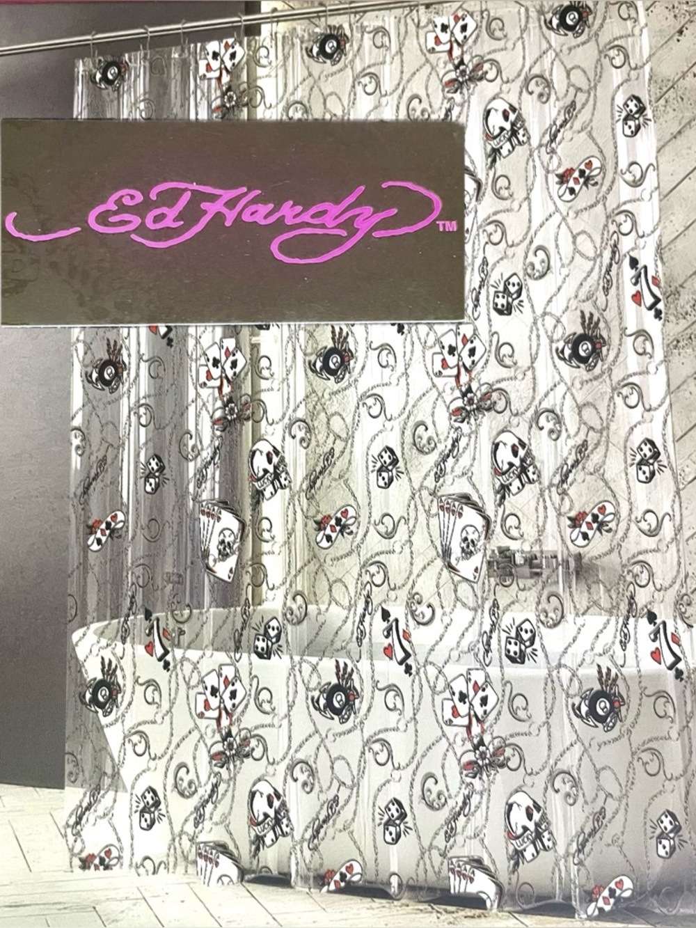 Ed Hardy LUCKY ACES Clear Shower Curtain Liner Cards 8-Ball Dice PEVA 72x72 NWT